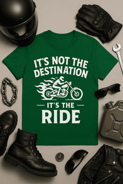 IT'S NOT THE DESTINATION IT'S THE RIDE motorcycle phrase on green T-shirt, biker lifestyle apparel, motorcycle quote shirt, bike enthusiast gift.