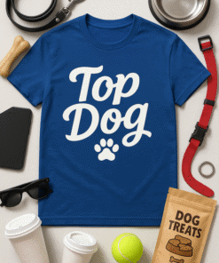 Bright blue "Top Dog" T-shirt for dog lovers, casual and comfortable attire.