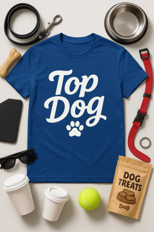 Bright blue "Top Dog" T-shirt for dog lovers, casual and comfortable attire.