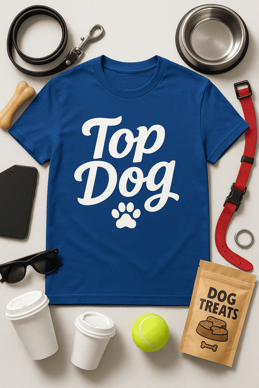 Bright blue "Top Dog" T-shirt for dog lovers, casual and comfortable attire.