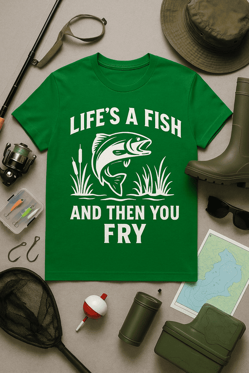 Bright green fish-themed T-shirt with humorous text for outdoor anglers and fishing enthusiasts.