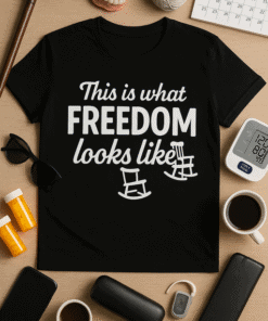 Relaxed vintage aesthetic of a stylish black T-shirt with a freedom-themed design on a wooden desk.