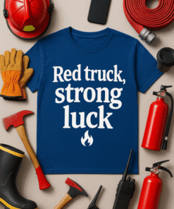 Red truck, strong luck T-shirt with firefighting equipment and tools, outdoor work safety, men's or workwear apparel.