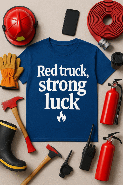 Red truck, strong luck T-shirt with firefighting equipment and tools, outdoor work safety, men's or workwear apparel.