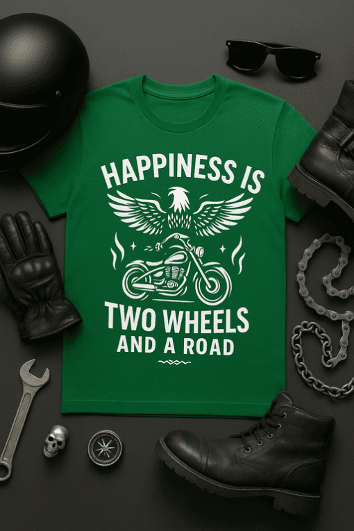 Happiness is two wheels and a road motorcycle t-shirt, bike lover gift, biker lifestyle apparel.