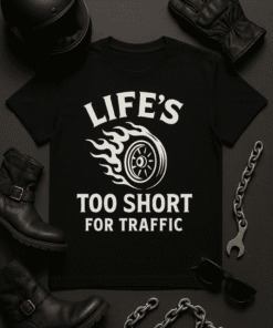 Black T-shirt with racing wheel graphic and humorous traffic message, perfect for racing and car enthusiasts.