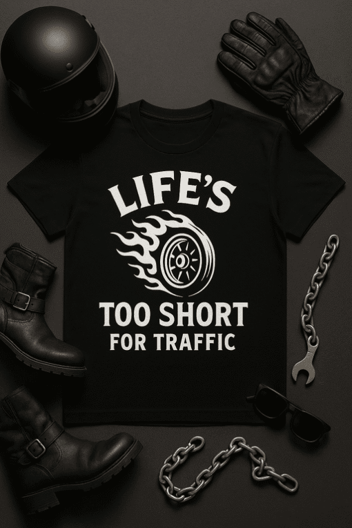 Black T-shirt with racing wheel graphic and humorous traffic message, perfect for racing and car enthusiasts.