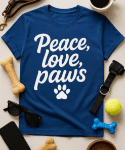 Comfortable blue pet lover T-shirt with peace, love, paws design for dog lovers and pet enthusiasts.