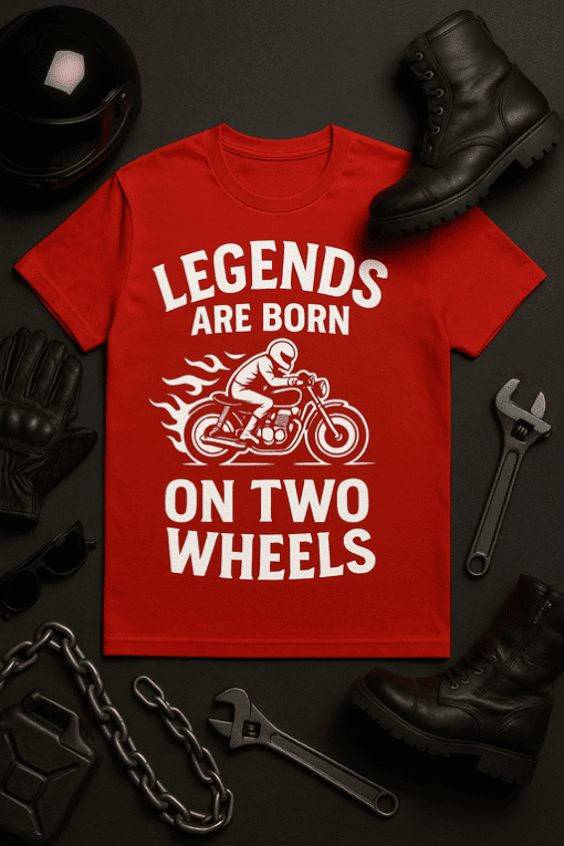 Motorcycle rider t-shirt with bold "Legends Are Born On Two Wheels" graphic for motorcycle enthusiasts.