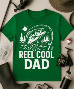 1. Fish graphic T-shirt for dad with reel and outdoor fishing theme.