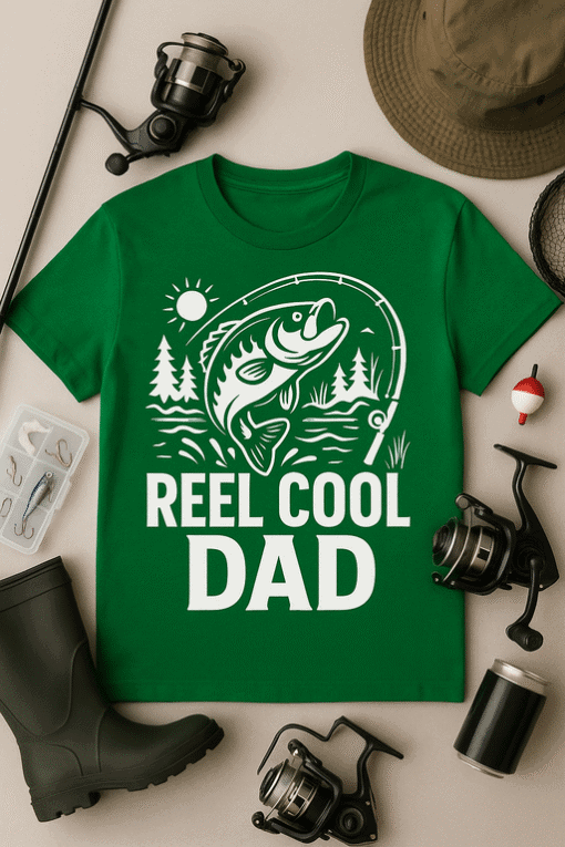 1. Fish graphic T-shirt for dad with reel and outdoor fishing theme.