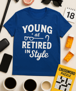 Comfortable blue T-shirt with "Young at Retired in Style" text, perfect for retirement celebrations.
