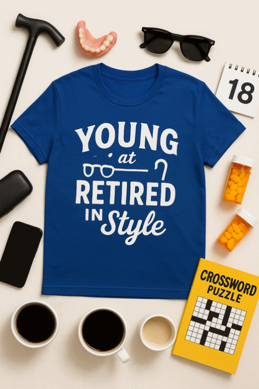 Comfortable blue T-shirt with "Young at Retired in Style" text, perfect for retirement celebrations.
