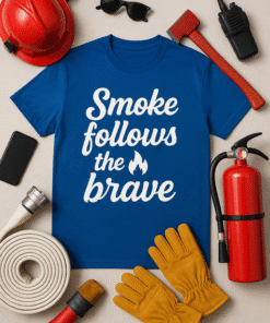 Fire safety themed T-shirt with bold statement, firefighter equipment, and safety gear.