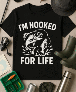1. Black T-shirt with fishing logo "I'm Hooked for Life" perfect for anglers and fishing enthusiasts.