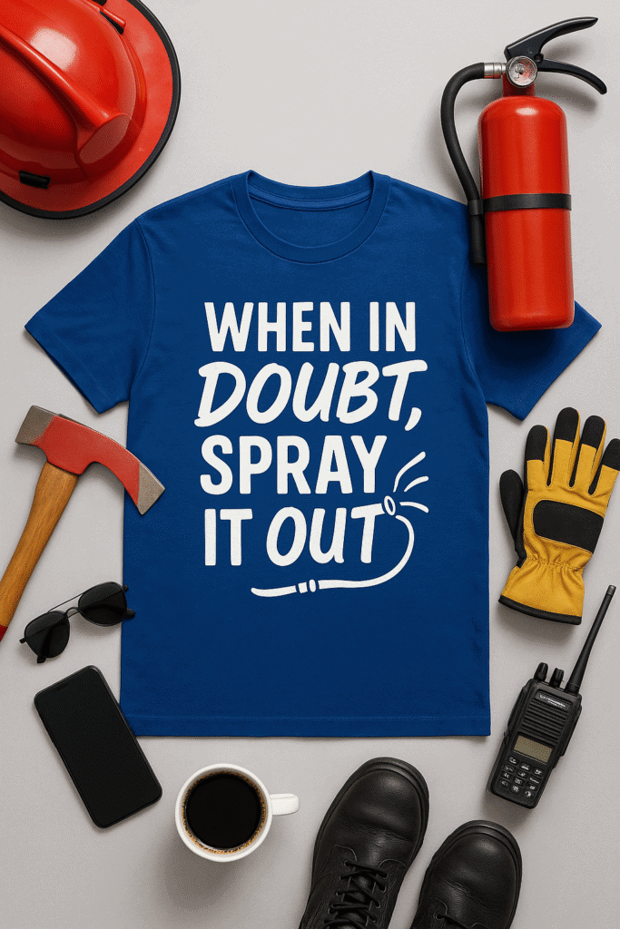 1. Fire safety equipment including a fire extinguisher and helmet.