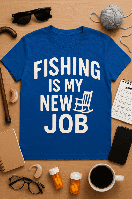 Comfortable blue fishing T-shirt with humorous “Fishing is my new job” design, ideal for fishing enthusiasts.