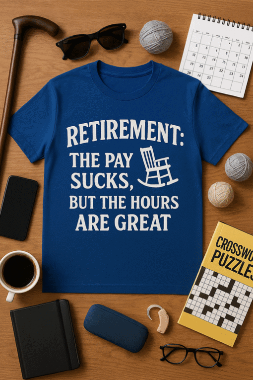 Retirement humor T-shirt with rocking chair graphic, perfect for retirement celebrations.
