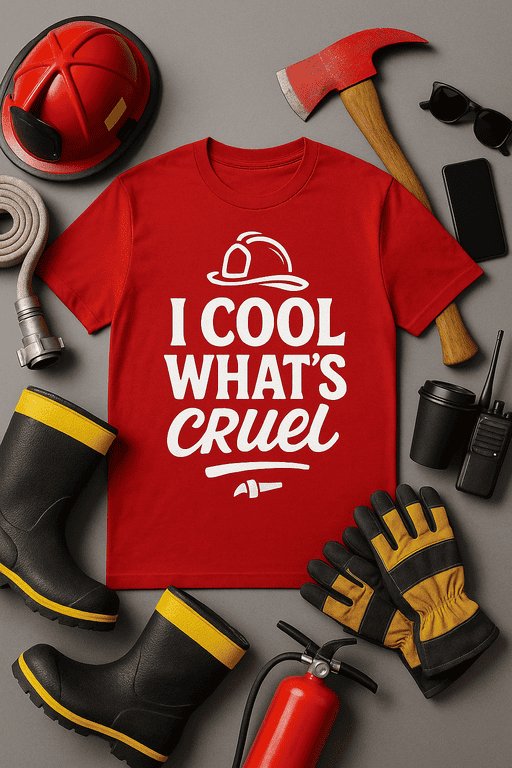 Backhoe helmet, gloves, axe, and work boots with red T-shirt saying "I COOL WHAT'S CRUEL" for casual workwear style.