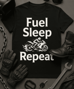 Fuel Sleep Repeat motorcycle t-shirt for bikers and motorcycle enthusiasts with humorous design.