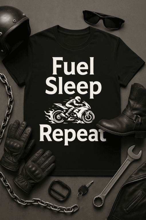 Fuel Sleep Repeat motorcycle t-shirt for bikers and motorcycle enthusiasts with humorous design.