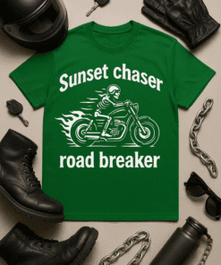 Enjoy the thrill of riding with our green "Sunset chaser road breaker" motorcycle t-shirt, perfect for bikers and adventure enthusiasts.