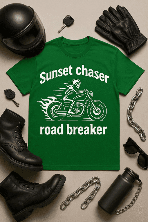 Enjoy the thrill of riding with our green "Sunset chaser road breaker" motorcycle t-shirt, perfect for bikers and adventure enthusiasts.