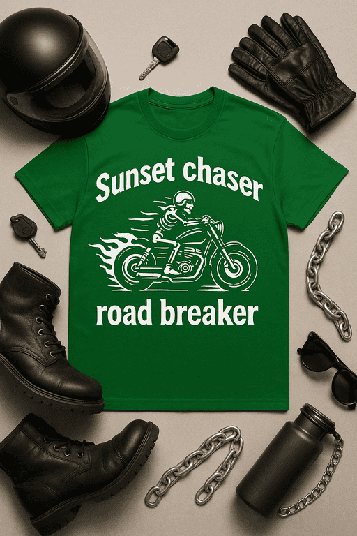 Enjoy the thrill of riding with our green "Sunset chaser road breaker" motorcycle t-shirt, perfect for bikers and adventure enthusiasts.
