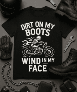 Skull skeleton motorcycle t-shirt with edgy biker design, perfect for motorcycle enthusiasts and biker fashion.