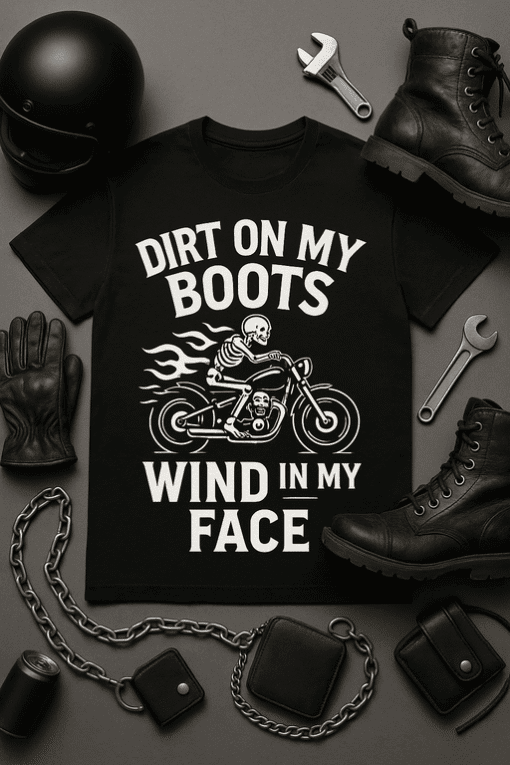 Skull skeleton motorcycle t-shirt with edgy biker design, perfect for motorcycle enthusiasts and biker fashion.