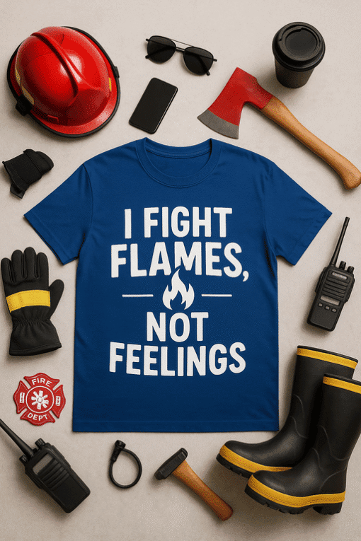 Firefighter t-shirt with firefighting tools and safety gear, emphasizing firefighting pride and safety equipment.