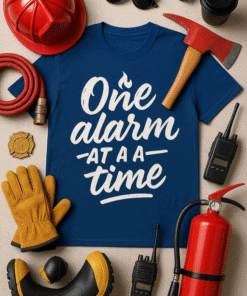 Fire alarm maintenance t-shirt design with safety gear and tools for firefighters and safety professionals.