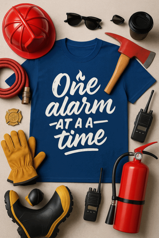 Fire alarm maintenance t-shirt design with safety gear and tools for firefighters and safety professionals.