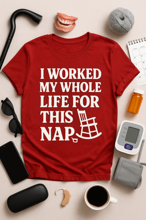 Comfortable funny red t-shirt with bold white text about napping, perfect for casual wear.