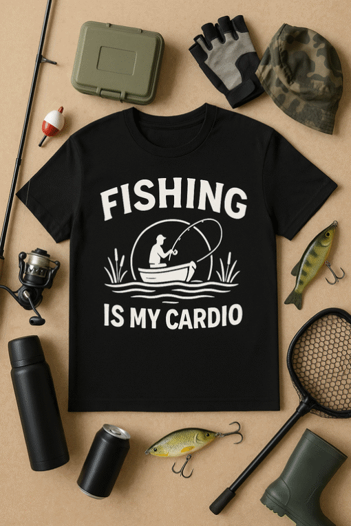 Fishing T-shirt with Cardio Humor for Men and Women, Perfect for Fishing Enthusiasts.