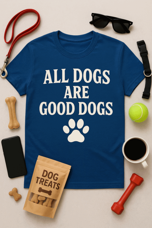 All Dogs Are Good Dogs T-shirt with paw print design for dog lovers.