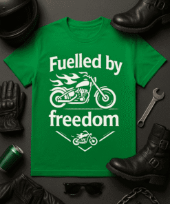 1. Green motorcycle T-shirt with "Fueled by Freedom" message for bikers and motorcycle enthusiasts.