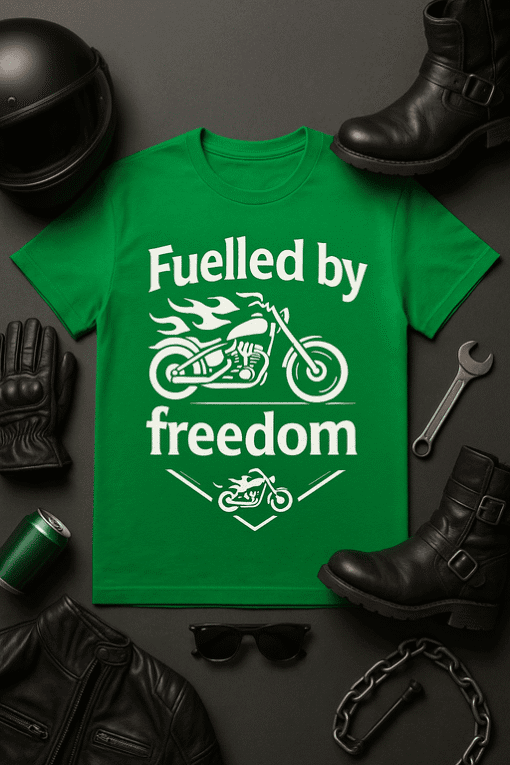 1. Green motorcycle T-shirt with "Fueled by Freedom" message for bikers and motorcycle enthusiasts.