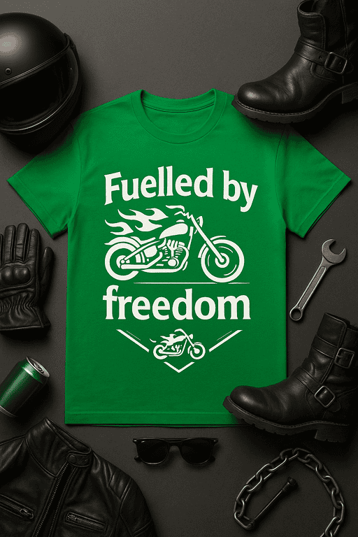 1. Green motorcycle T-shirt with "Fueled by Freedom" message for bikers and motorcycle enthusiasts.