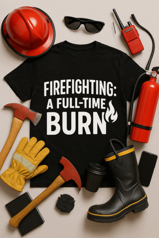 Firefighter T-shirt with bold print, firefighter gear, helmet, gloves, boots, and communication radio.