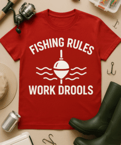 Fishing rules work drools funny fishing t-shirt for men and women, perfect for fishing enthusiasts.
