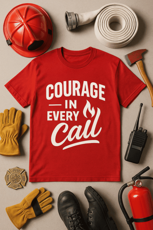 Courage firefighter T-shirt, fire station gear, emergency rescue uniform, fire safety clothing.