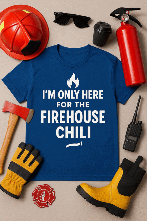Firefighter T-shirt with firehouse chili quote, firefighter gear, and equipment for fire service fans.
