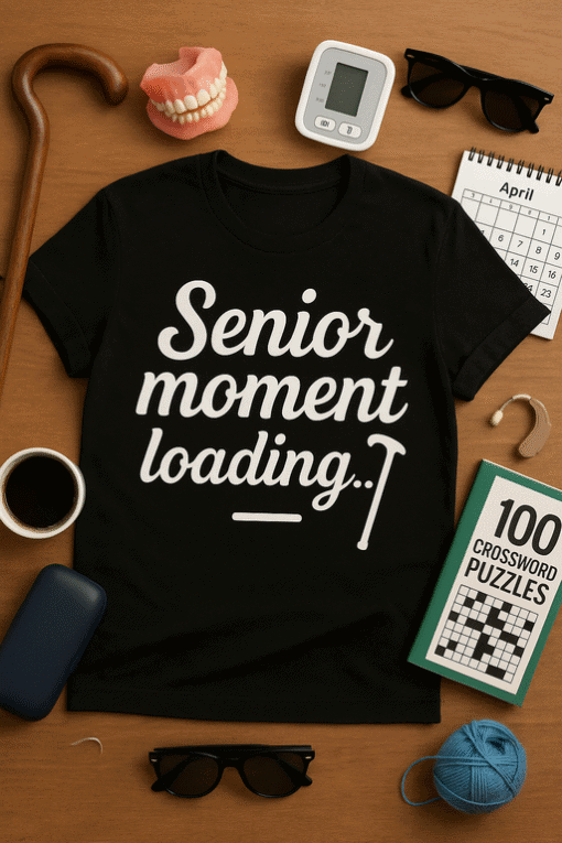 Senior moment loading T-shirt for graduation and senior class humor, perfect for students and graduates.
