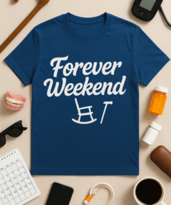 Cute blue T-shirt with "Forever Weekend" and rocking chair graphic, perfect for casual style.