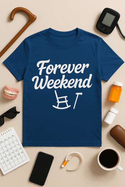 Cute blue T-shirt with "Forever Weekend" and rocking chair graphic, perfect for casual style.