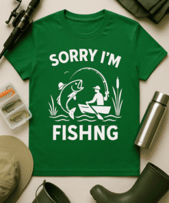 Fishing T-shirt with humorous "Sorry I'm FISHing" graphic for fishing enthusiasts and anglers. Perfect for casual outdoor wear.