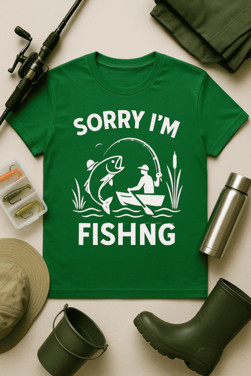 Fishing T-shirt with humorous "Sorry I'm FISHing" graphic for fishing enthusiasts and anglers. Perfect for casual outdoor wear.