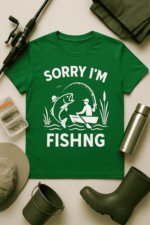 Fishing T-shirt with humorous "Sorry I'm FISHing" graphic for fishing enthusiasts and anglers. Perfect for casual outdoor wear.