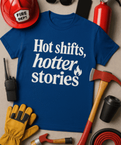 Fire Dept helmet, sunglasses, fire extinguisher, hammer, and work gloves with T-shirt that says "Hot shifts, hotter stories" for firefighter humor.
